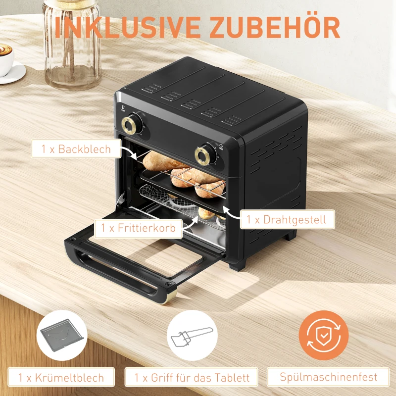 HOMCOM Minibackofen mit Umluft, Heißluftfritteuse, Timer, Innenbeleuchtung, 10L, Schwarz