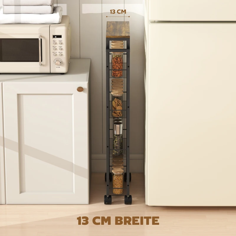 HOMCOM Keukentrolley serveertrolley 5 niveaus, rolwagen keukenrek met werkblad, wielen & greep, 47 x 13 x 96,5 cm, zwart