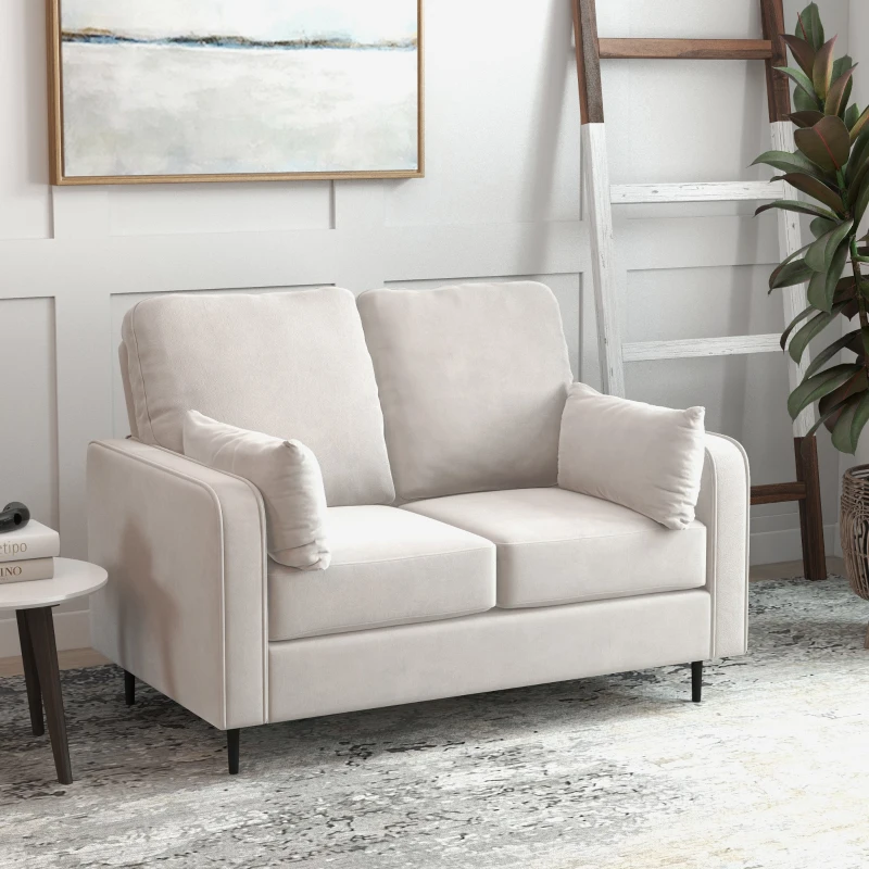 HOMCOM Canapé 2 places style contemporain avec 2 coussins supplémentaires piètement acier noir revêtement aspect velours beige