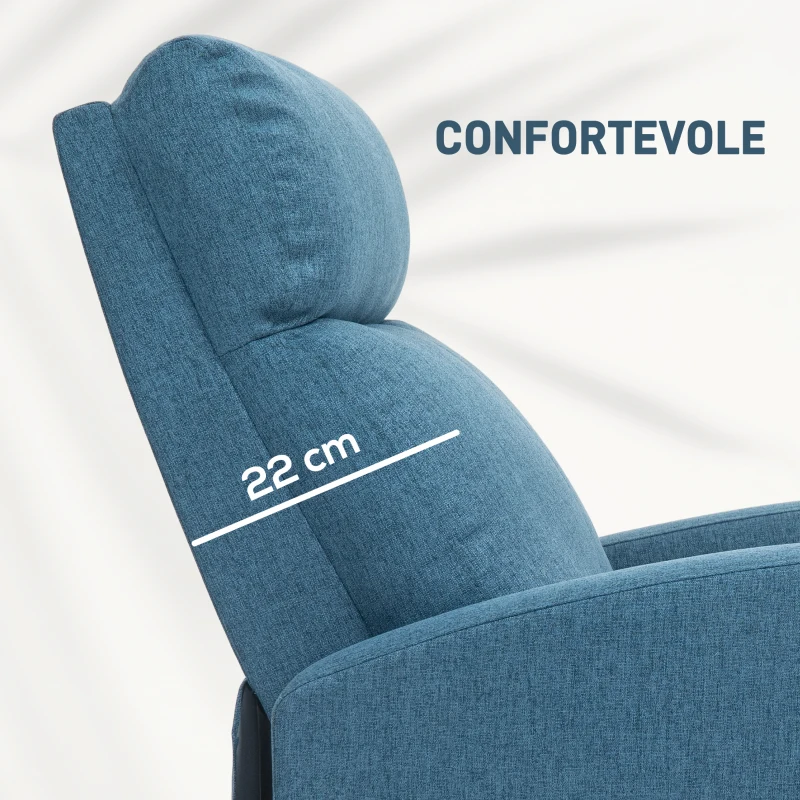 HOMCOM Poltrona Reclinabile Imbottita in Tessuto Effetto Lino Blu e Acciaio con Poggiapiedi, 69x88x101 cm