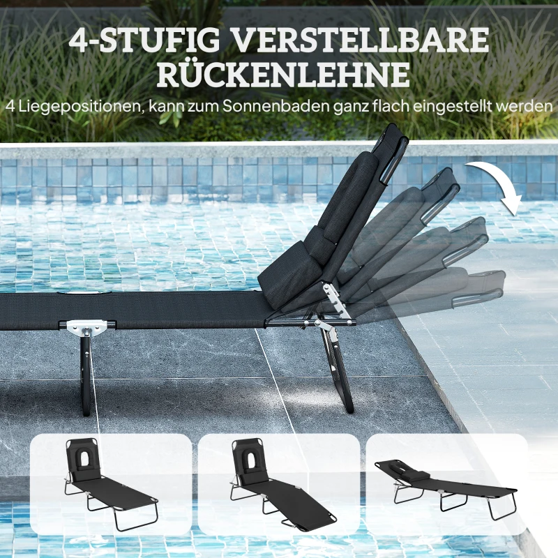 Outsunny Sonnenliege mit Gesichtsloch & Kissen, klappbar, wasserabweisender Bezug, Metallrahmen, Schwarz