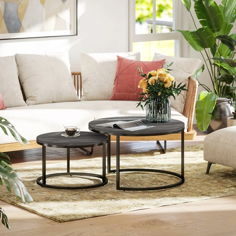 HOMCOM Lot de 2 tables basses gigognes empilable design industriel plateau imitation ciment pieds en métal noir