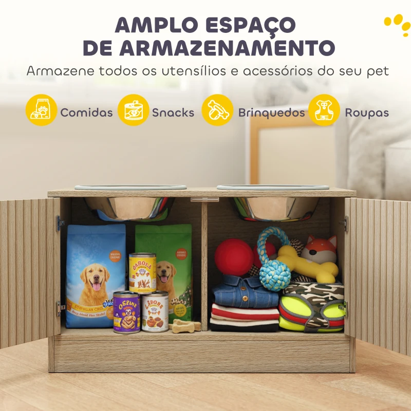 PawHut Comedouro Elevado para Cães com 2 Tigelas de Aço Inoxidável 2x2000 ml e Armazenamento Oculto 60x30x35,5 cm Carvalho