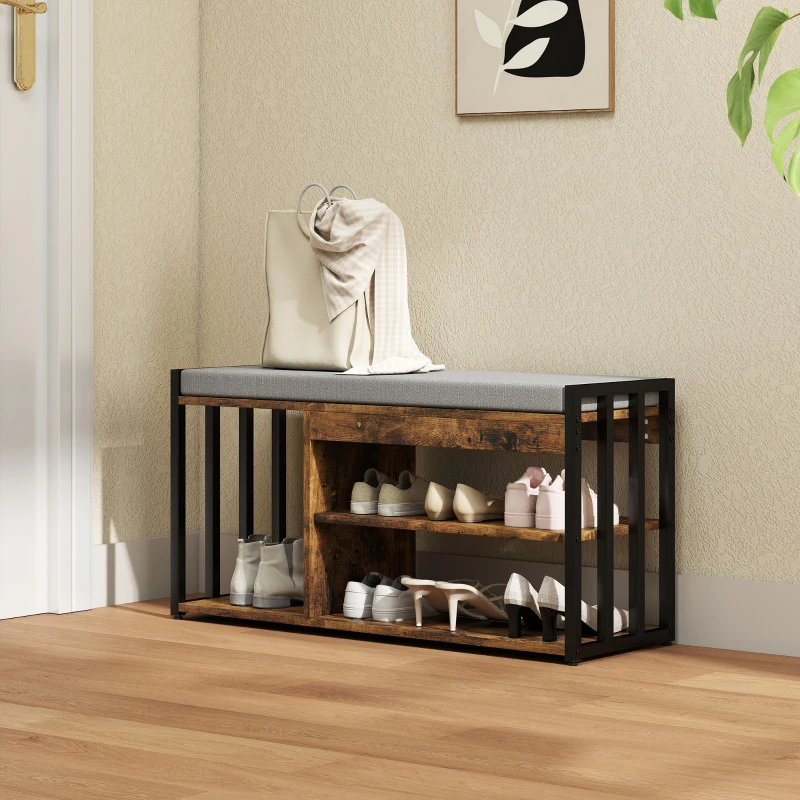 HOMCOM Shoe Storage with Seat, Upholstered Entryway Bench, Shoe Bench with 3 Open Shelves for Hallway, Rustic Brown