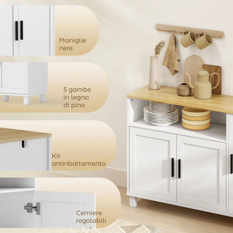 HOMCOM Credenza Cucina con Ante Ammortizzate, 2 Armadietti e Vano Aperto in Legno, 110x33x75 cm, Bianco