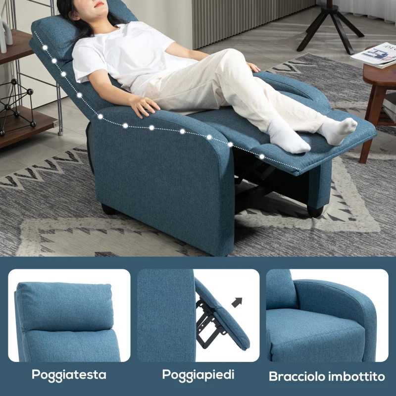 HOMCOM Poltrona Reclinabile Imbottita in Tessuto Effetto Lino Blu e Acciaio con Poggiapiedi, 69x88x101 cm