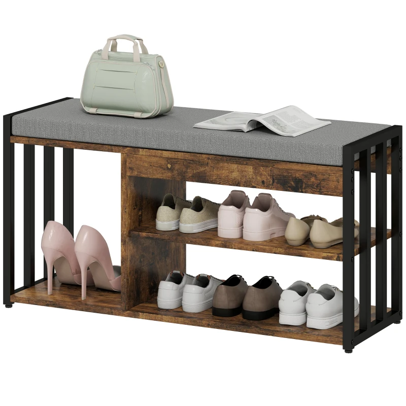 HOMCOM Shoe Storage with Seat, Upholstered Entryway Bench, Shoe Bench with 3 Open Shelves for Hallway, Rustic Brown
