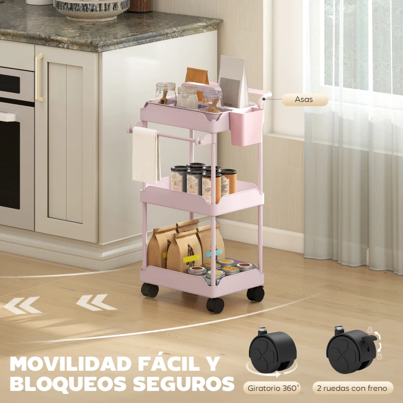HOMCOM Carrito Auxiliar con Ruedas de 3 Niveles Carrito de Cocina con Cestas Extraíbles y Soporte para Toallas Rosa