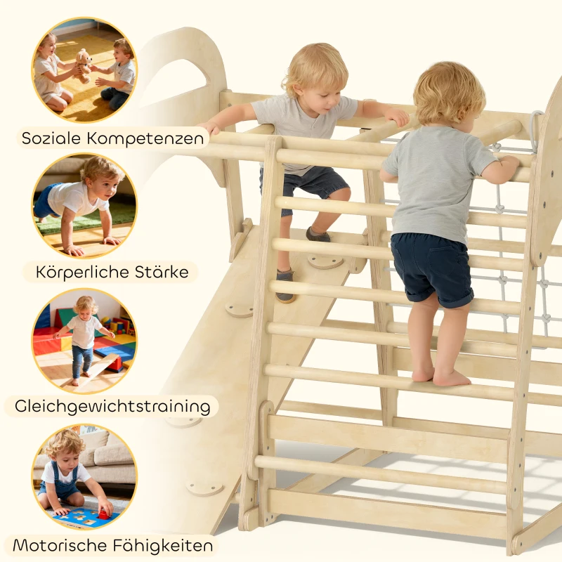 AIYAPLAY Indoor-Klettergerüst, 6-in-1 Design, Rutsche, Kletterstangen, Kletterwand, Leiter, Kletternetz, 3-6 Jahre, Holz