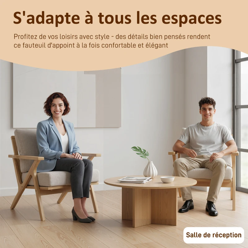 HOMCOM Fauteuil salon, fauteuil scandinave en tissu effet lin, coussins rembourrée et pieds en bois d'hévéa, 76x87x88cm, beige