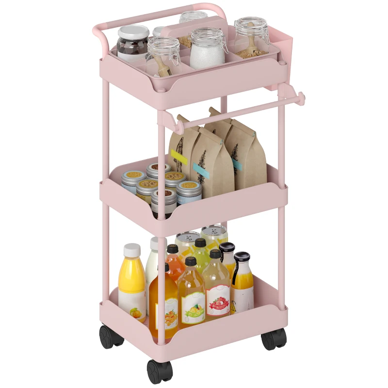 HOMCOM Carrito Auxiliar con Ruedas de 3 Niveles Carrito de Cocina con Cestas Extraíbles y Soporte para Toallas Rosa