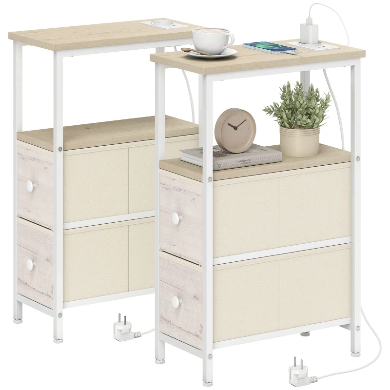 HOMCOM Set di 2 Tavolini Laterali Stretti con Presa CA Porta USB Porta USB-C 2 Cassetti in Tessuto legno naturale