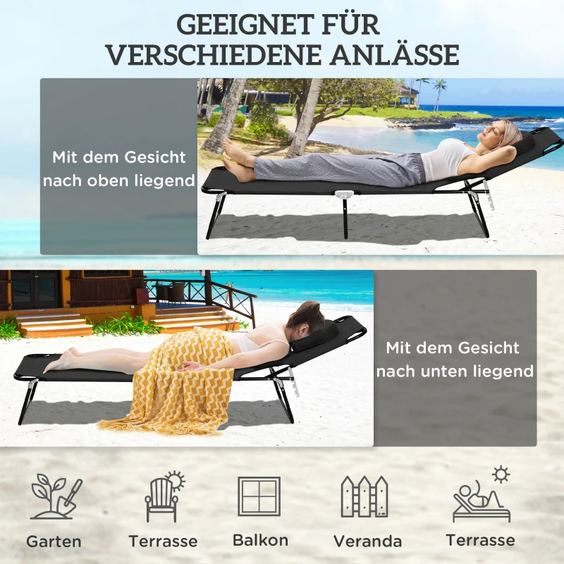Outsunny Sonnenliege mit Gesichtsloch & Kissen, klappbar, wasserabweisender Bezug, Metallrahmen, Schwarz