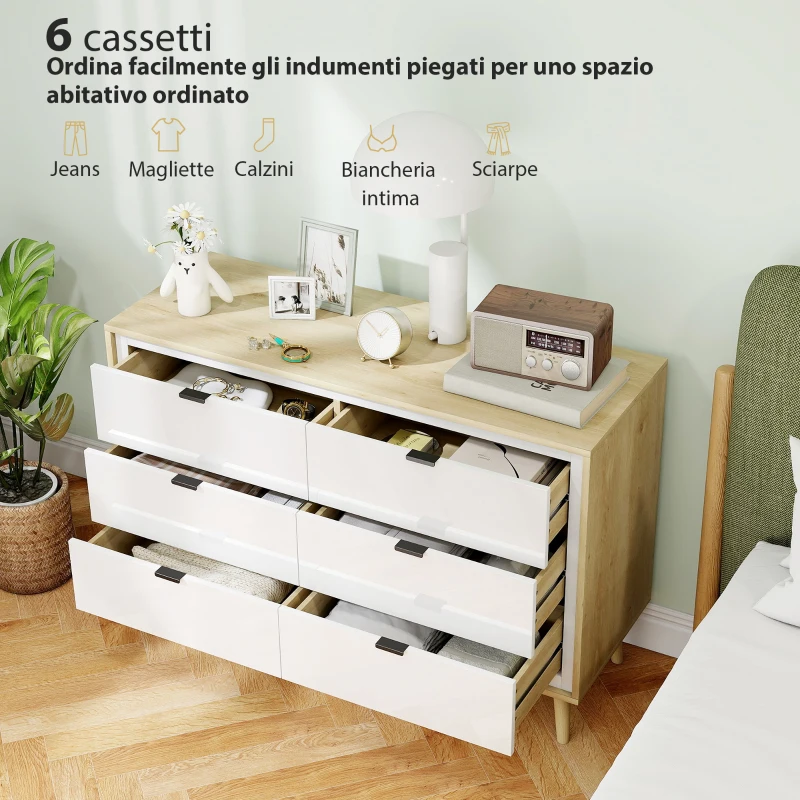 HOMCOM Cassettiera con 6 Cassetti in Legno per Camera da Letto, 110x40x75 cm, Bianco Lucido e Rovere