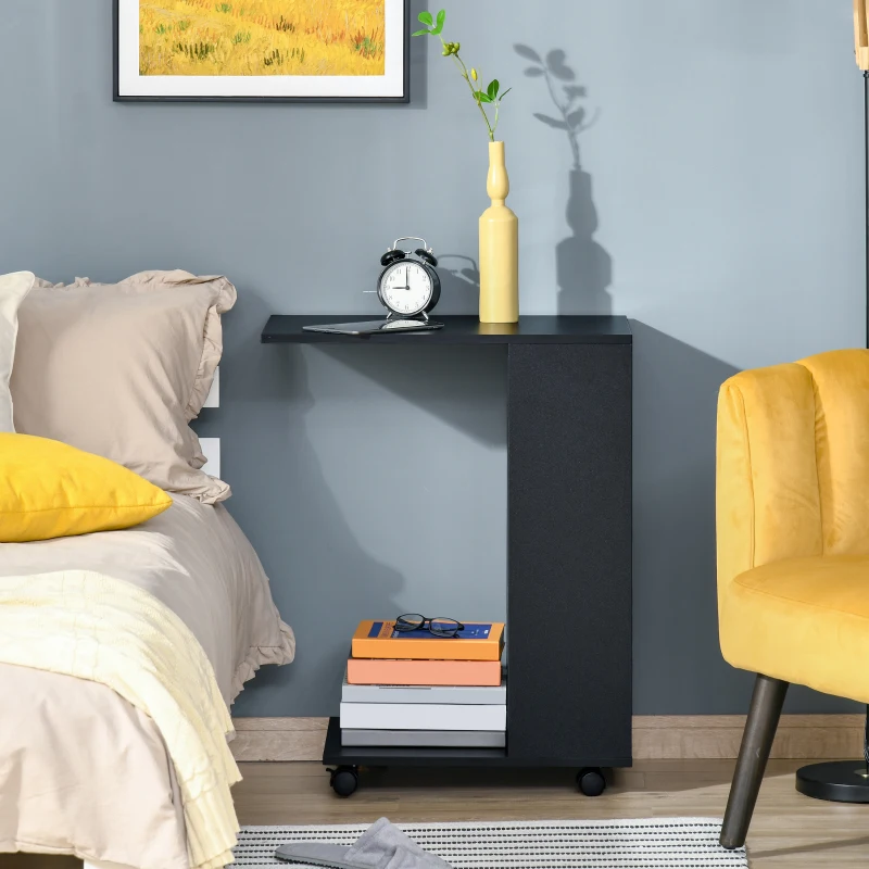 HOMCOM Mobile Sofa Side Table C-Shape End Table with Storage and Casters for Laptop Coffee Snack, Black