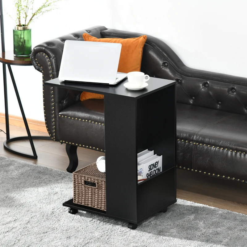 HOMCOM Mobile Sofa Side Table C-Shape End Table with Storage and Casters for Laptop Coffee Snack, Black