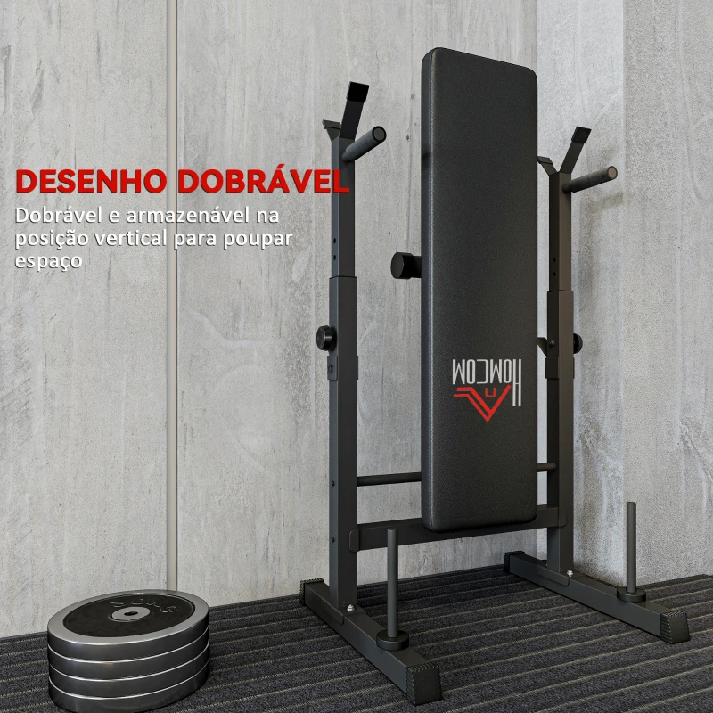 HOMCOM Banco de Pesos Multifuncional Dobrável com Suporte para Barras Ajustável e Estação de Dips 98-122x140x73 cm Preto