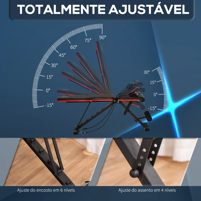 HOMCOM Banco de Musculação Dobrável com Extensão de Perna Almofada de Pregador e Banda de Resistência 130x34x48-109 cm Preto