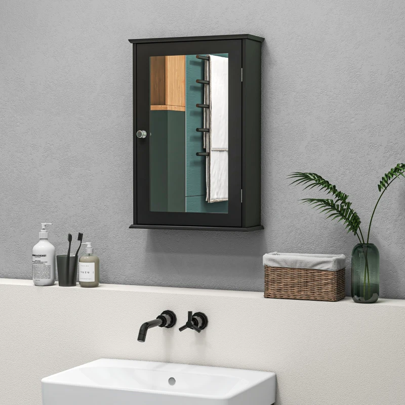 kleankin Mobiletto Bagno Pensile con Specchio e Anta a Chiusura Magnetica, 41x14x60 cm, Nero