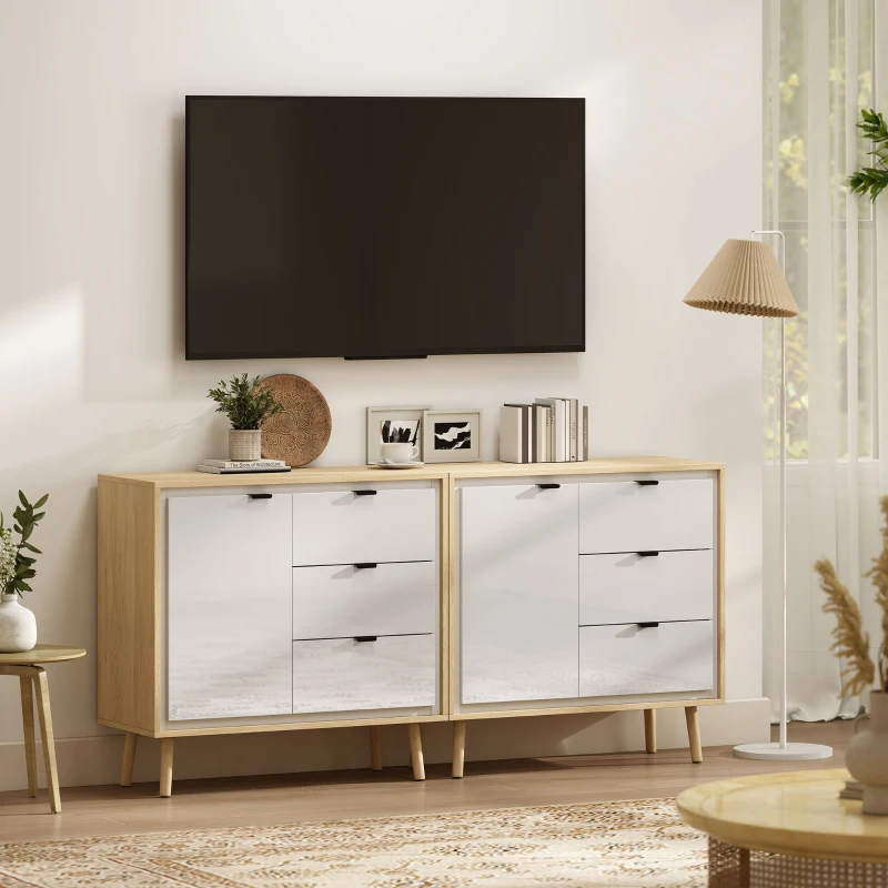 HOMCOM Credenza Moderna con 3 Cassetti e Armadietto, Ripiano Interno Regolabile e Ante Lucide, Bianco e Rovere