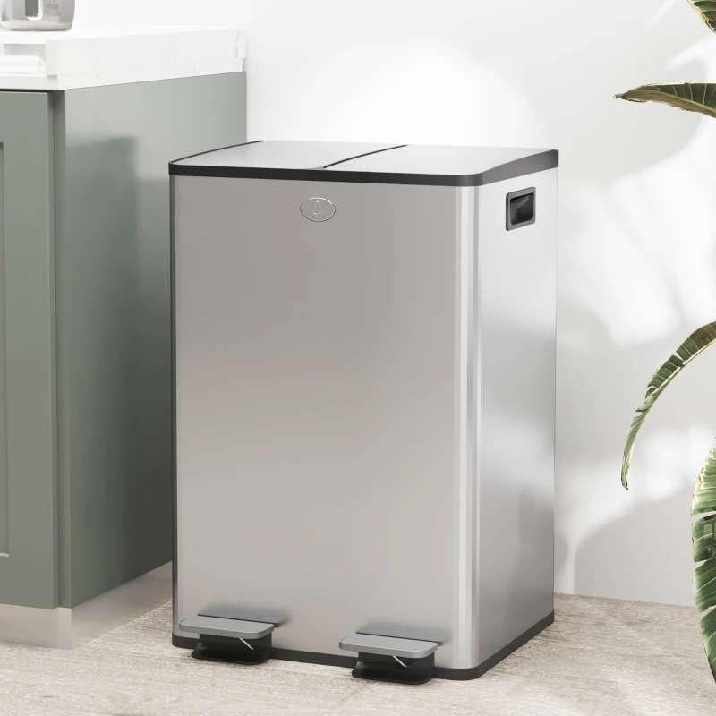 HOMCOM Pattumiera da cucina doppia, 2 x 28L, 2 coperchi a chiusura morbida, secchi interni rimovibili e maniglie