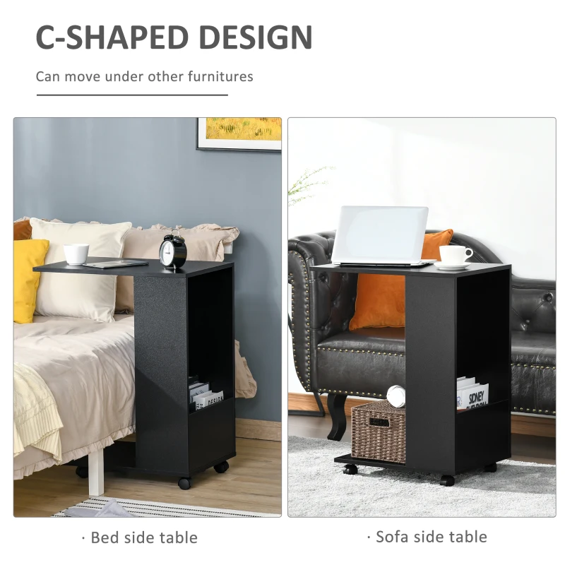 HOMCOM Mobile Sofa Side Table C-Shape End Table with Storage and Casters for Laptop Coffee Snack, Black