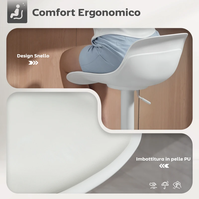 HOMCOM Set 2 Sgabelli Alti da Bar e cucina con Schienale Ergonomico, Altezza Regolabile, Seduta Girevole in PU e Poggiapiedi, Bianco | Aosom Italy