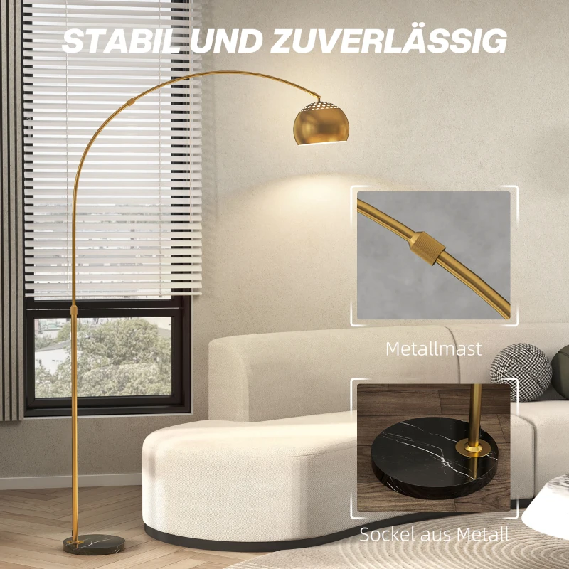 HOMCOM Stehlampe, Bogen-Design mit Marmorsockel, 180 cm, Schwarz+Gold