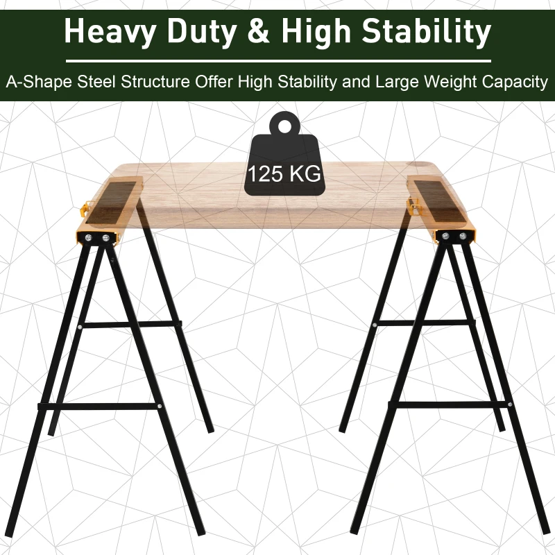 HOMCOM 2PCS Saw Horse Twin Pack Foldable Workbench Metal Trestle Stands with Non-slip EVA Surface for Sawing Work Weight Capacity 125kg