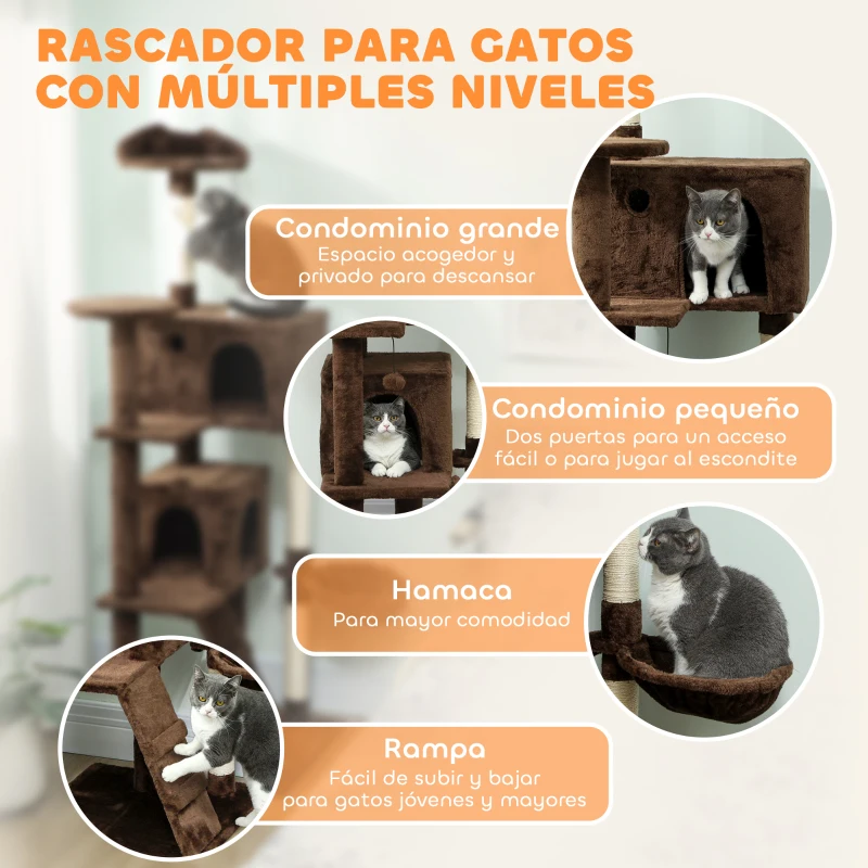 PawHut Árbol Rascador para Gatos 180 cm con Plataformas Cama 2 Cuevas Hamaca Escalera Postes de Sisal Marrón