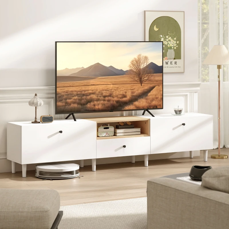 HOMCOM Meuble TV 200 cm pour téléviseurs jusqu'à 228,6 cm, 2 compartiments à abattant, étagère ouverte, tiroir, 8 pieds, panneau de particules, Blanc