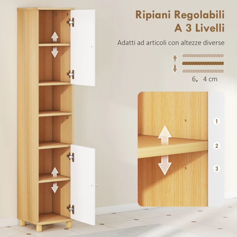 HOMCOM Colonna Bagno Moderno con 2 Armadietti e Ripiani Aperti, Mobile Salvaspazio con Mensole Interne Regolabili, Bianco e Legno | Aosom Italy