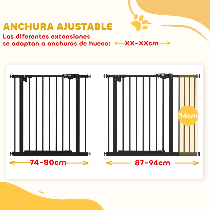 PawHut Barrera de Seguridad para Perros 74-94 cm con Extensión Montaje a Presión y Doble Bloqueo Negro