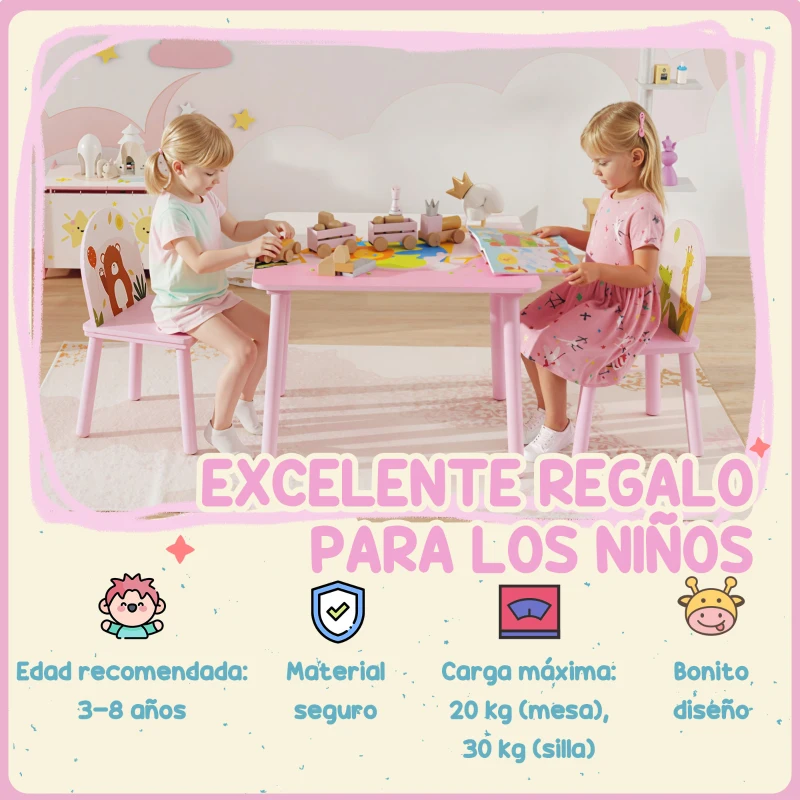 AIYAPLAY Mesa Infantil con 2 Sillas Mesa y Sillas Infantil con Estampados de Animales para Niños y Niñas de 3-8 Años Rosa
