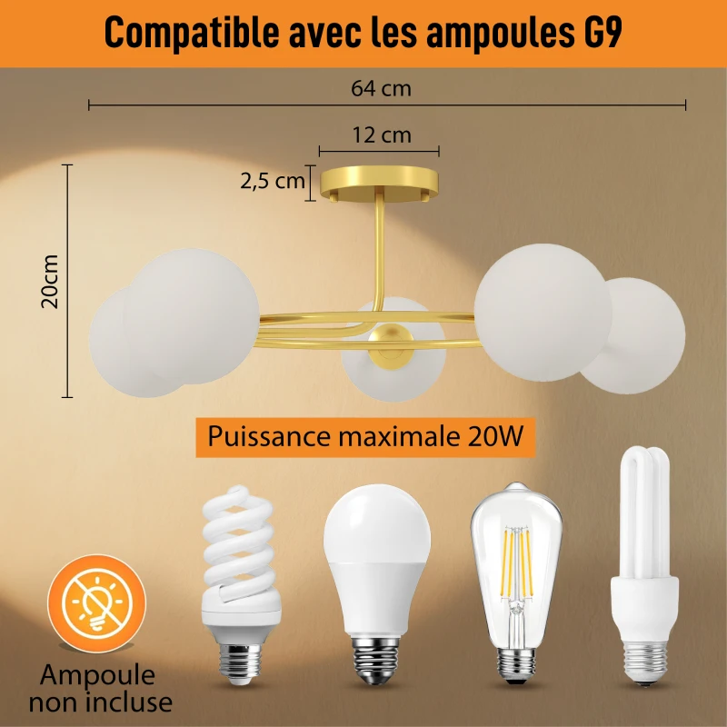 HOMCOM Plafonnier lustre moderne, luminaire plafonnier à 5 lumières avec culot G9, montage semi-affleurant, doré et blanc