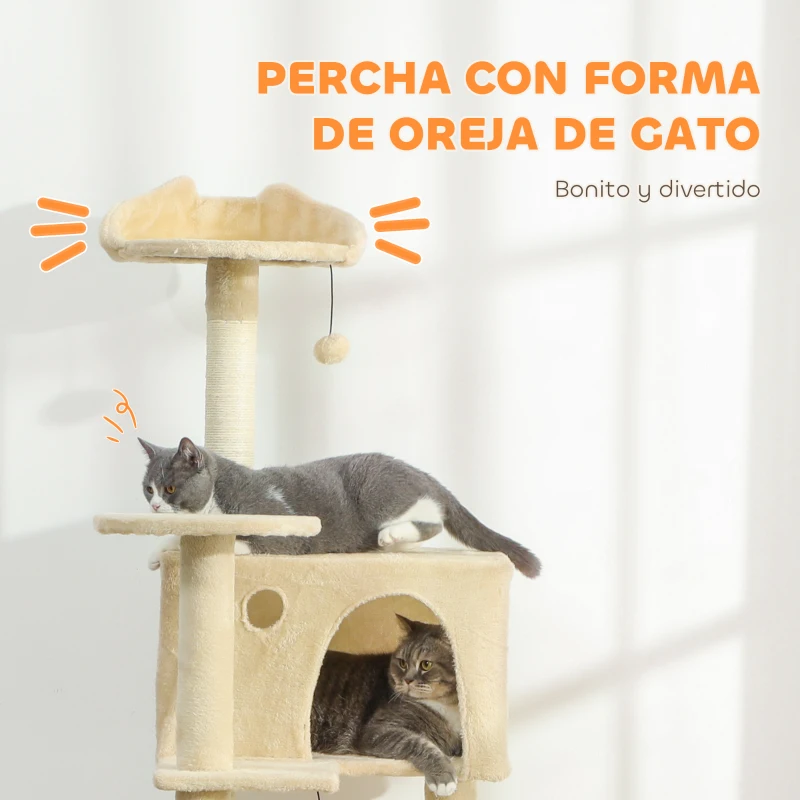 PawHut Árbol Rascador para Gatos 180 cm con Plataformas Cama 2 Cuevas Hamaca Escalera Postes de Sisal Beige