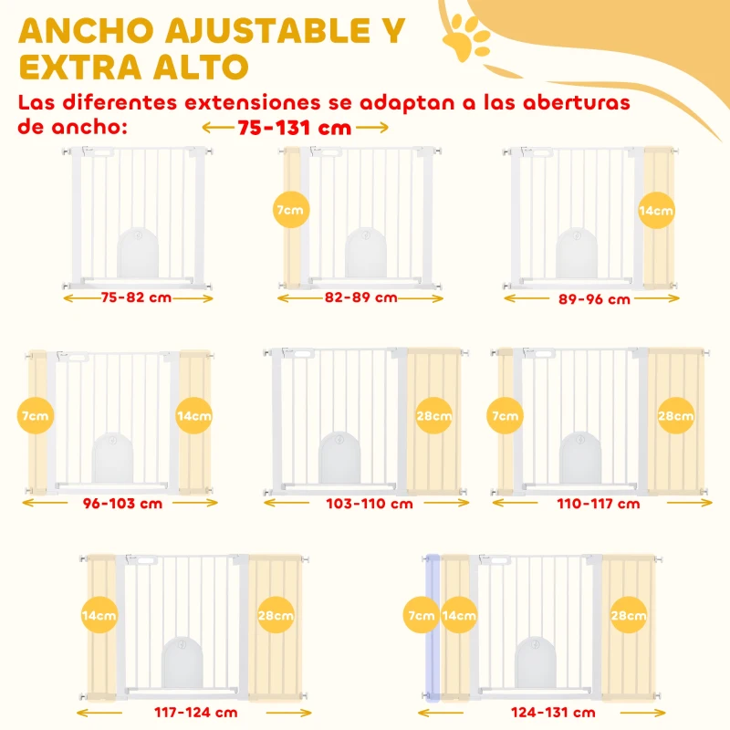 PawHut Barrera de Seguridad para Perros con Puerta Pequeña para Escaleras y Puertas 75-131 cm con 3 Extensiones Blanco