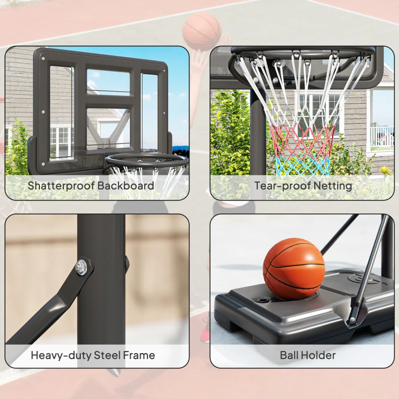 SPORTNOW Cos de baschet  reglabil pe inaltime pentru gradina piscina baza umpluta spatiu pentru minge cos baschet exterior inaltime reglabila cos de baschet pentru adulti plasa pentru cos de baschet postament cu roti panou pe structura otel