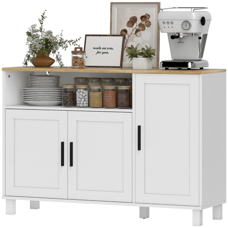 HOMCOM Credenza Cucina con Ante Ammortizzate, 2 Armadietti e Vano Aperto in Legno, 110x33x75 cm, Bianco