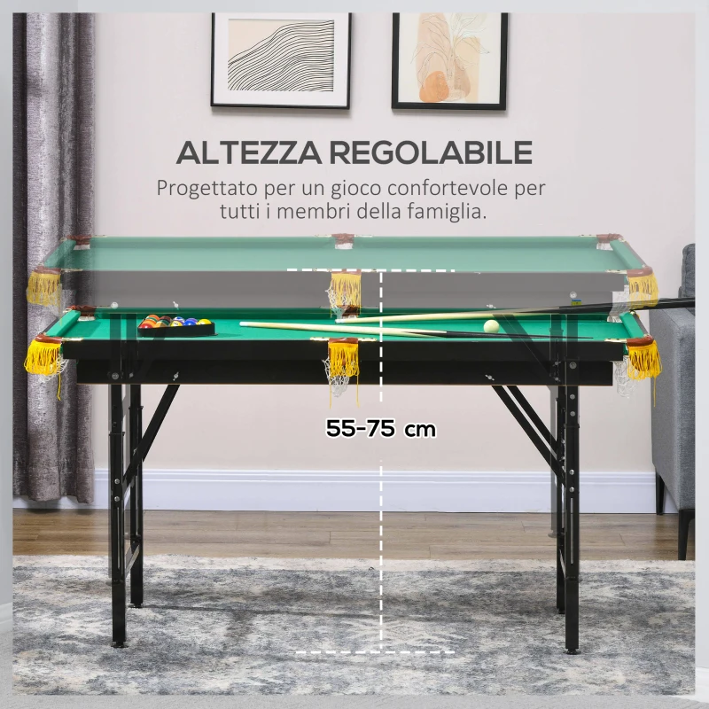 SPORTNOW Tavolo da Biliardo ad Altezza Regolabile con Accessori, in MDF e Acciaio, 140x63x55-75 cm, Verde