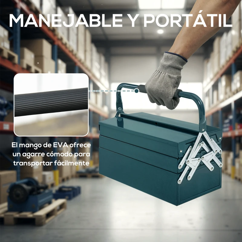 DURHAND Caja de Herramientas Metálica Plegable con 5 Bandejas y Asa para Taller Garaje 45x20x34,5 cm Verde Oscuro