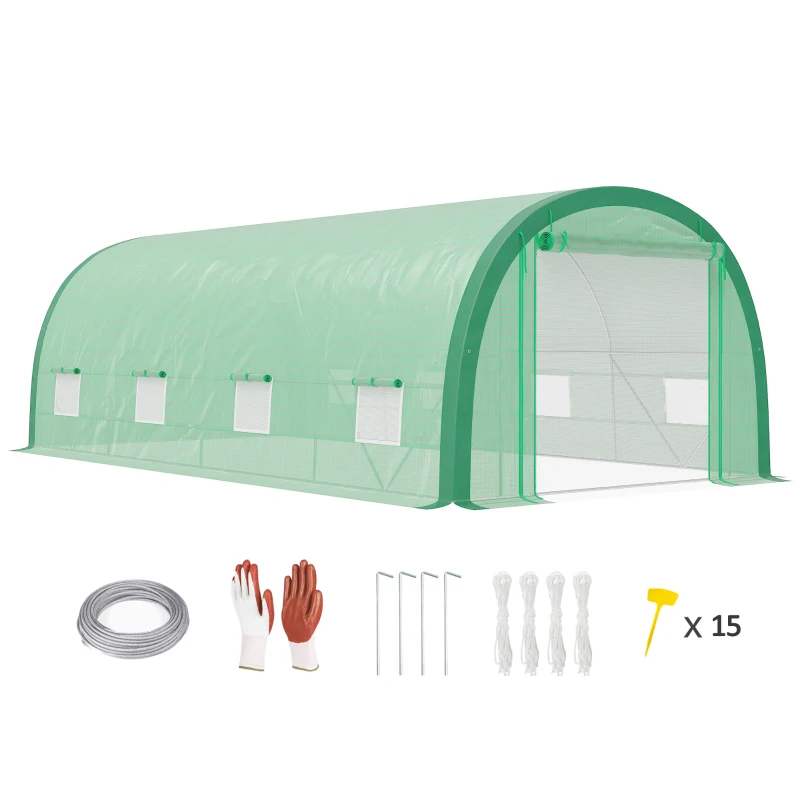 Outsunny 6 x 3(m) Polytunnel Greenhouse with Upgraded Structure, Mesh Door and Windows, 15 Plant Labels, Green