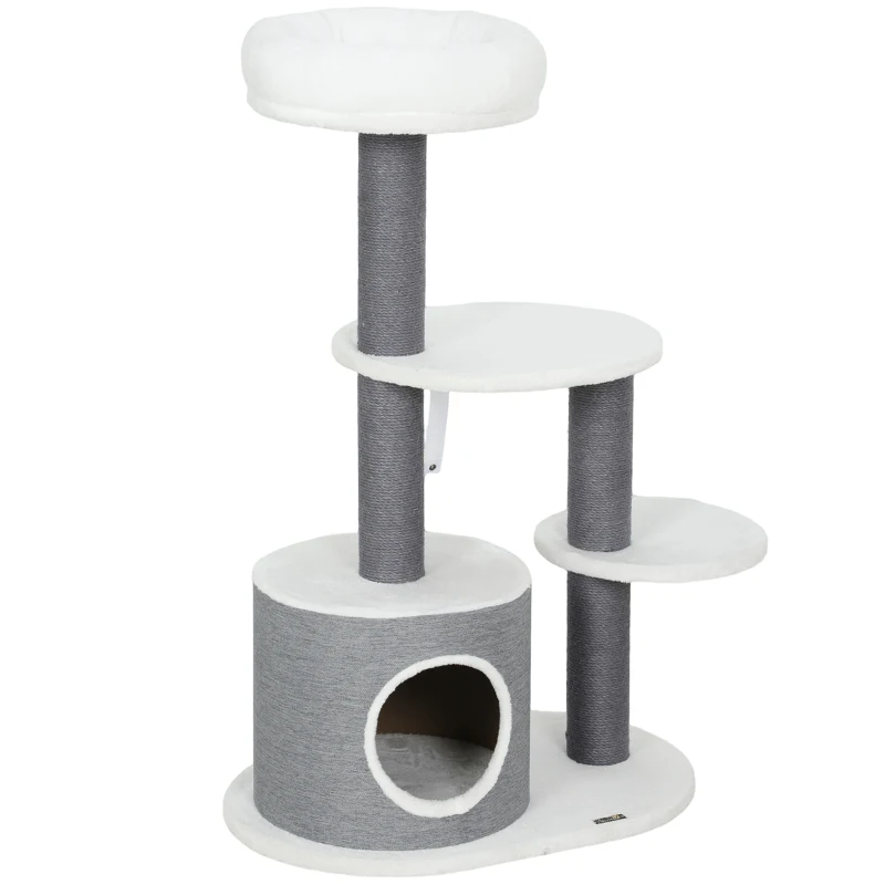 PawHut Kratzbaum mit 1 Katzenhöhle, 1 Katzenbett, 2 Plattformen, Jute-Seilspfosten, Weiß + Grau