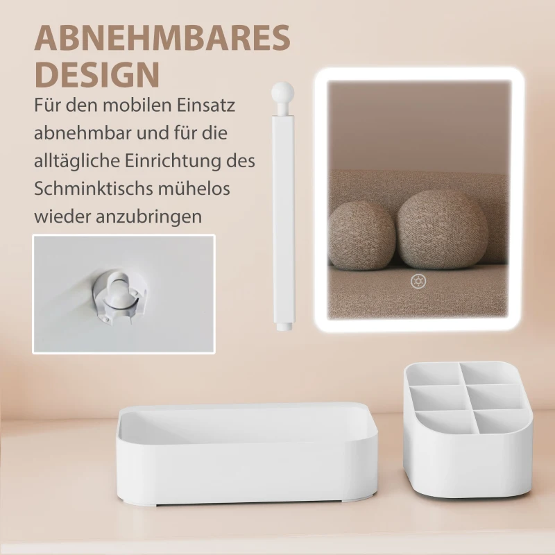 HOMCOM Schminkspiegel mit Beleuchtung wiederaufladbar 180°Drehbar LED Kosmetikspiegel mit 2 Beleuchtungsmodi, Weiß