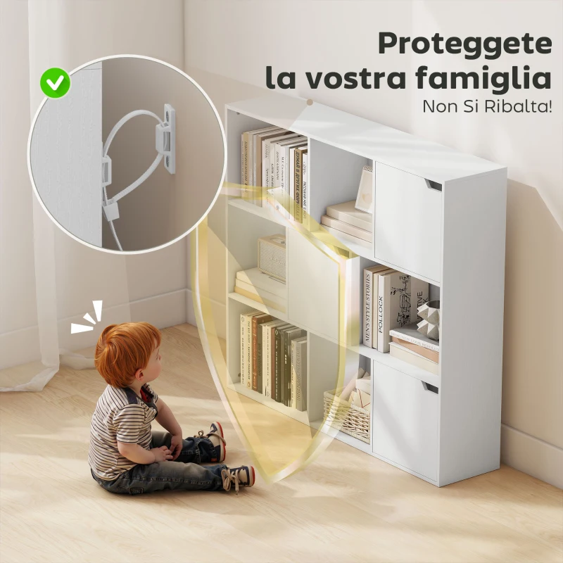 HOMCOM Libreria a Cubi con 6 Sezioni Aperte e 3 Chiuse, in Legno Bianco, 106x24x95 cm