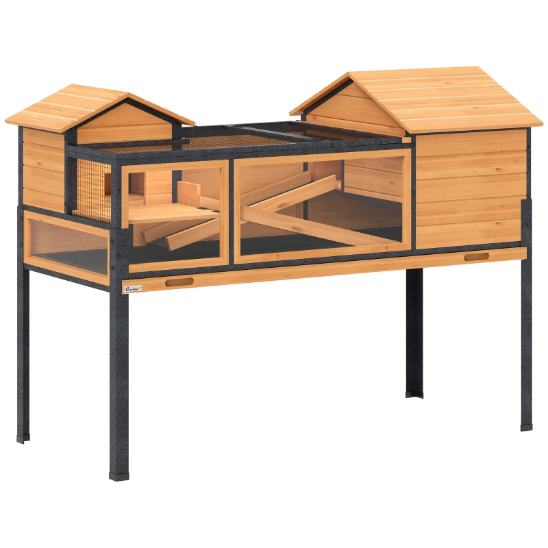 PawHut Turtle house, small pet enclosure, 2 rooms, 2 floors, windows, ramps, accessories, wood, steel, yellow