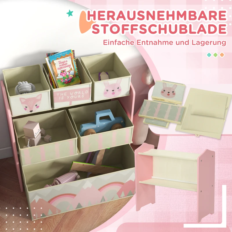 ZONEKIZ Kinderschrank mit 6 Stoffboxen, niedliches Motiv, 63x30x66 cm, Rosa