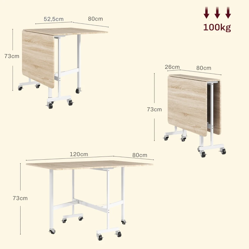 HOMCOM Tavolo da Pranzo Pieghevole per 4-6 Persone con Ruote e Alette Ribaltabili Tavolo Ribaltabile per Cucina Soggiorno 120x80x73cm Rovere
