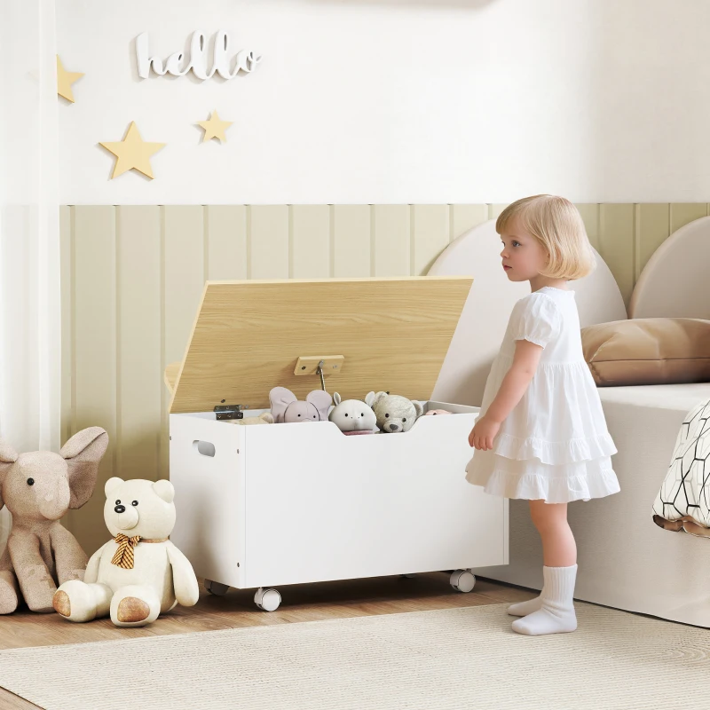 AIYAPLAY Coffre à jouet enfant sur roulettes, coffre de rangement enfant avec couvercle rabattable, 59 x 30 x 53 cm, blanc