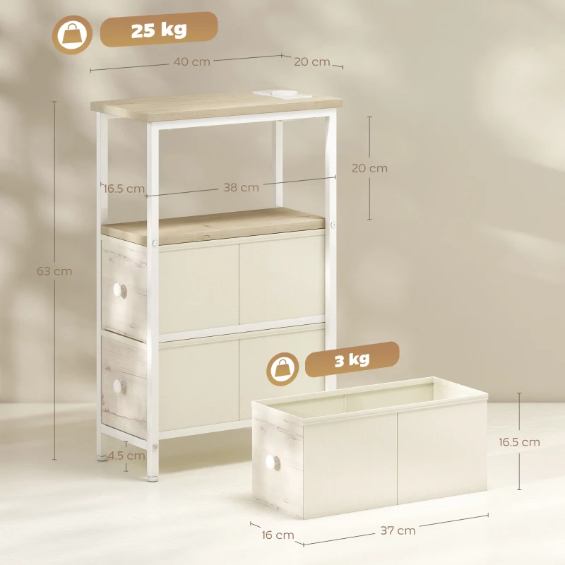 HOMCOM Set di 2 Tavolini Laterali Stretti con Presa CA Porta USB Porta USB-C 2 Cassetti in Tessuto legno naturale